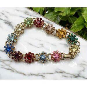 Colorful Floral Bracelet Gold Tone Rhinestone Flowers Bracelet